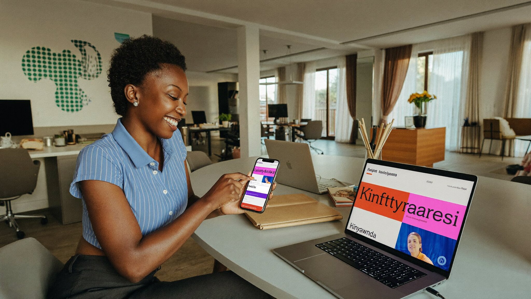 A young Rwandan female entrepreneur smiling while viewing her business website on a laptop and smartphone showing a language switch between English and Kinyarwanda in a bright Kigali office