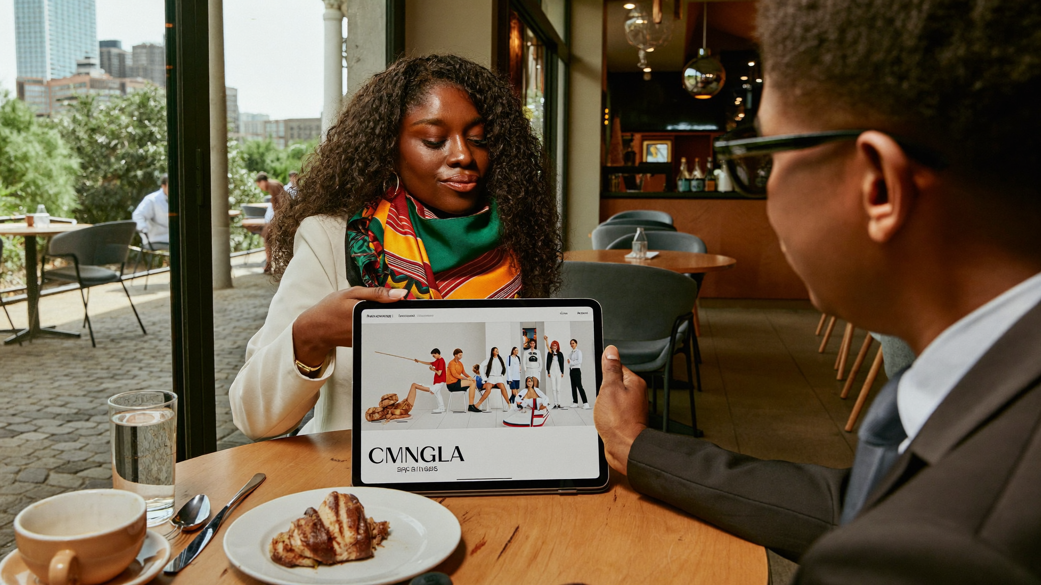 Rwandan businesswoman presenting website to client in Kigali