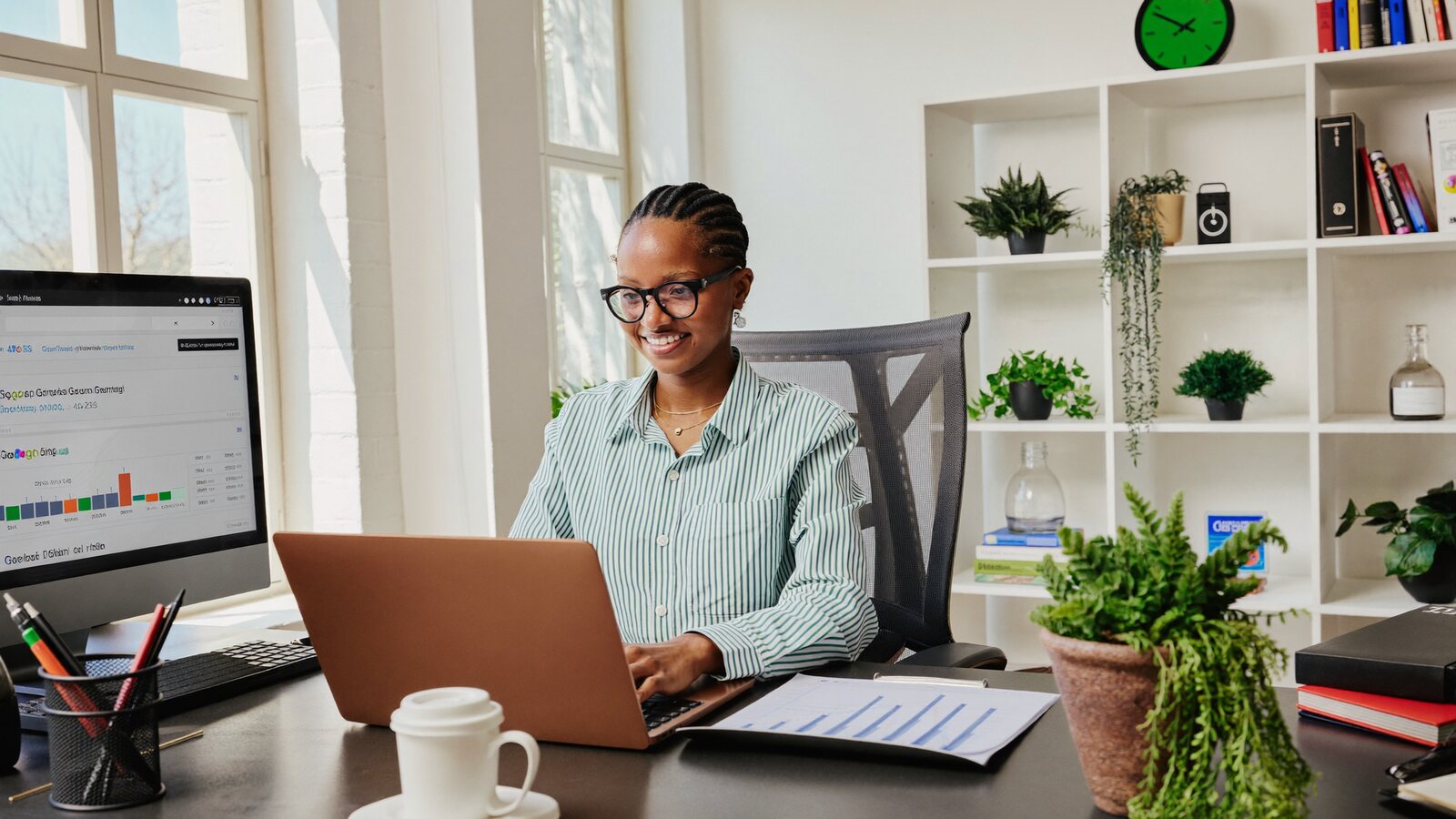 Confident young Rwandan businesswoman reviewing her Google search rankings and website analytics on a laptop in a bright modern Kigali office