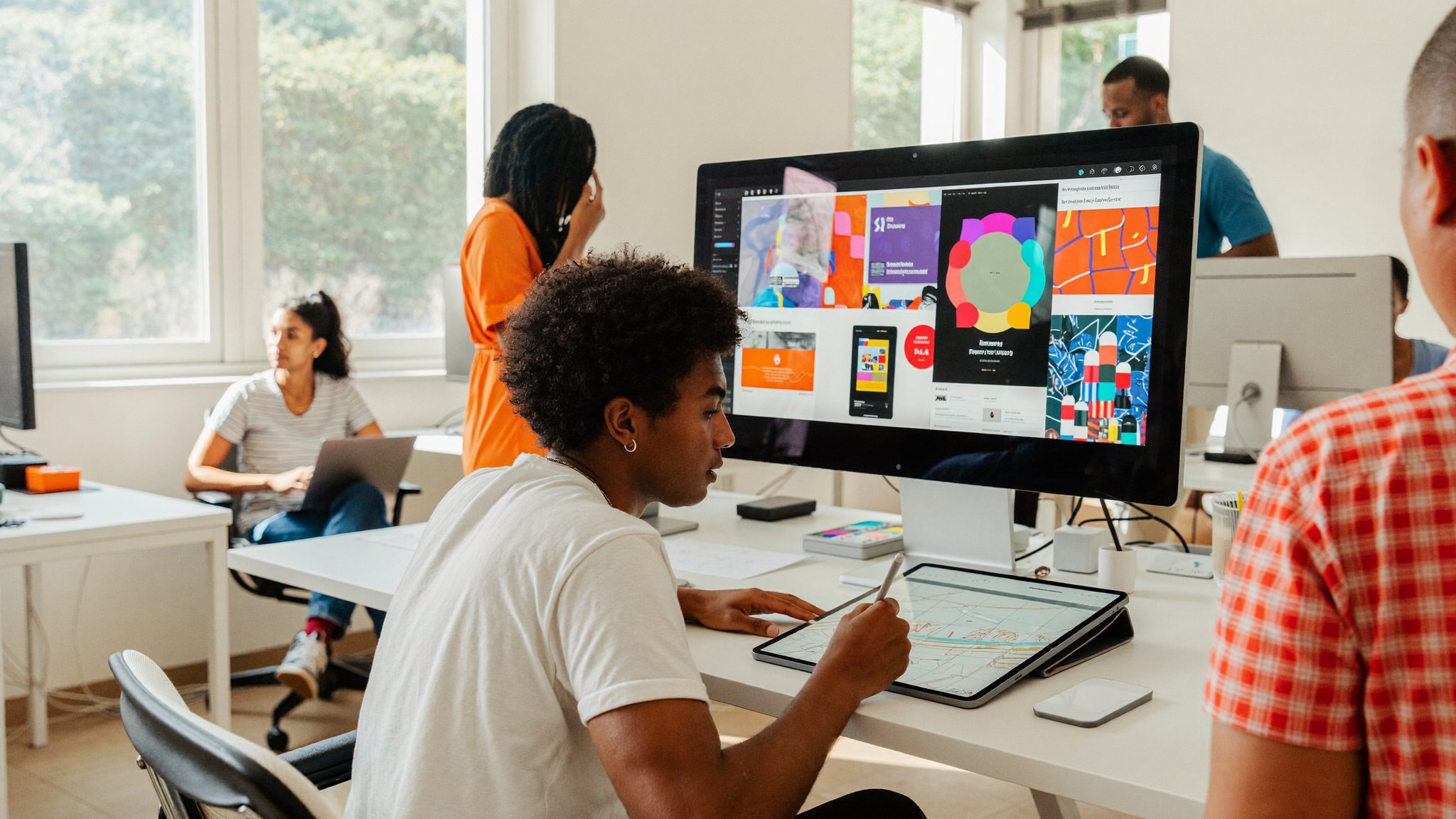 Focused young Rwandan UI/UX designer sketching website wireframes on a tablet while a colorful website interface is shown on a large monitor in a bright Kigali design studio