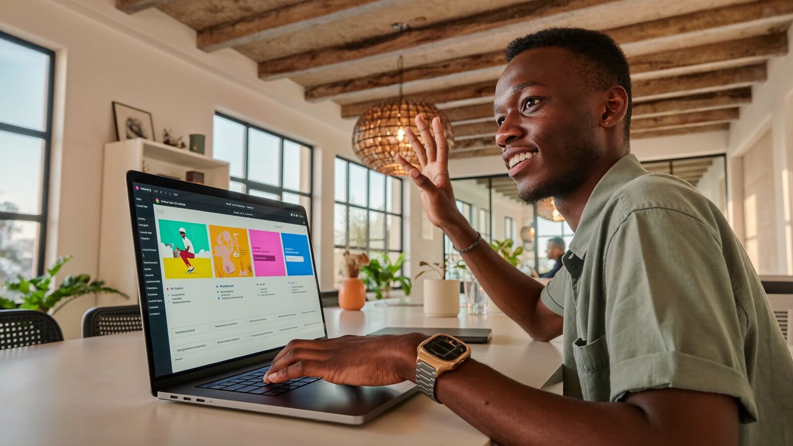 Young Rwandan male entrepreneur comparing colorful website builder templates on a laptop in a modern Kigali co-working space