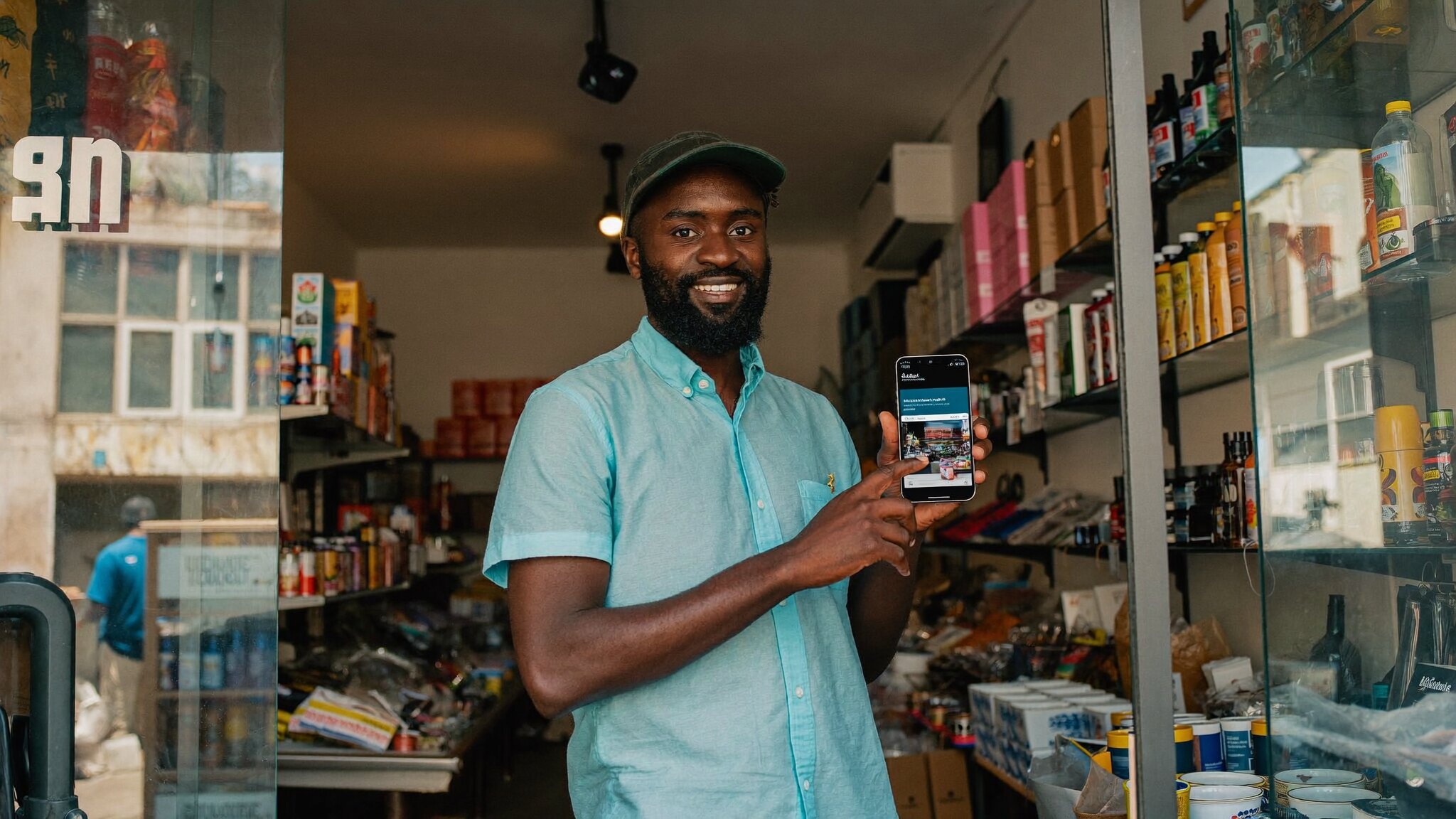 Confident Rwandan business owner in his Kigali shop holding a smartphone showing his business website