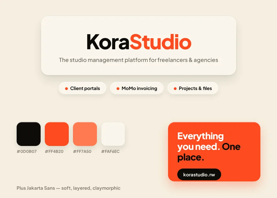 KoraStudio brand identity — coral claymorphism, Plus Jakarta Sans