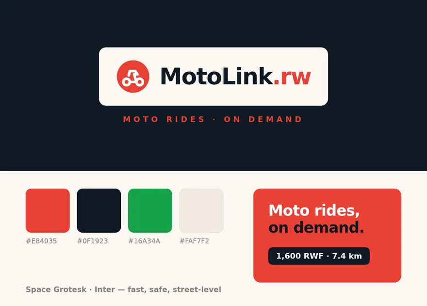 MotoLink brand identity — moto icon, red and ink palette