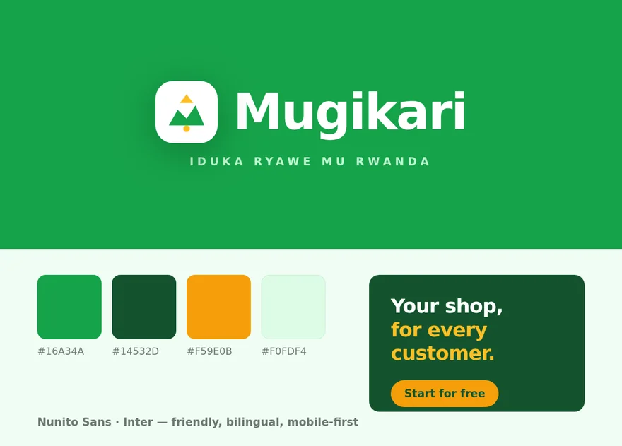 Mugikari brand identity — mountain mark, green palette