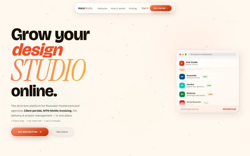 Kora Studio SaaS landing page